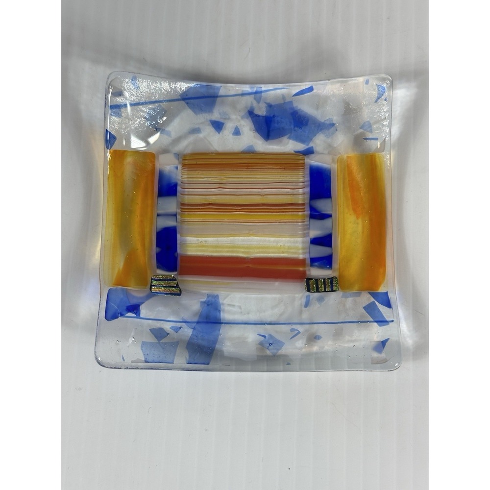Fused Art Glass Trinket Dish Tray Colorful Abstract Pattern 4.5" Square Signed